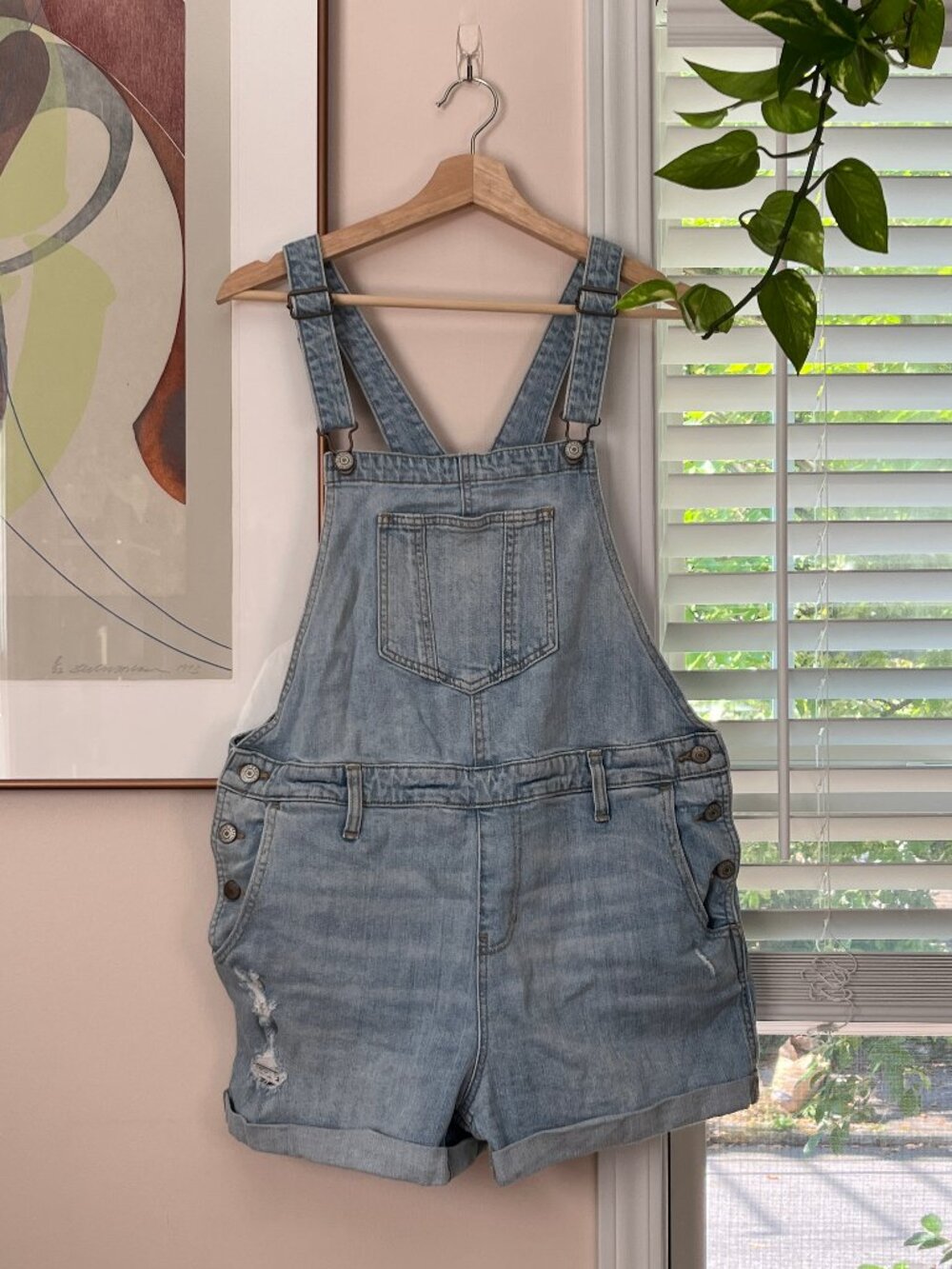 Distressed Denim Overall Shorts